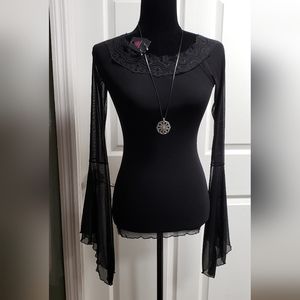 Sexy black mesh stretch top with necklace & earrings